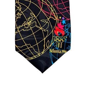Vintage 1996 Atlanta Olympics Silk Tie RM Sport Black Globe Torch Logo USA Made